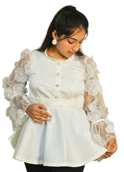 WHITE EMBROIDERED PEPLUM TOP